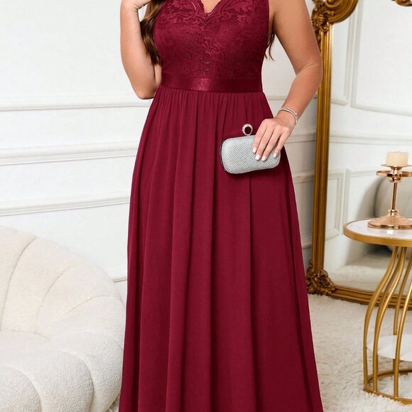 Burgundy Elegant Women's Plus Size Sleeveless Waist Cinched Party Dress - Picture 7 of 7